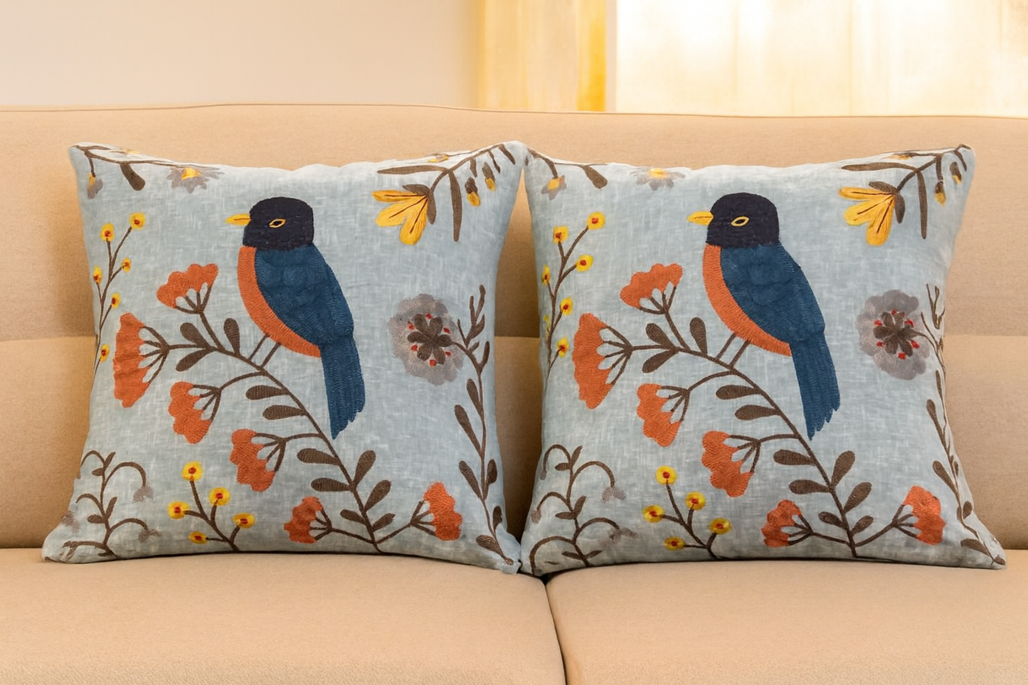 Embroidered bird pillows—cover 16x16inchs (set of 5)