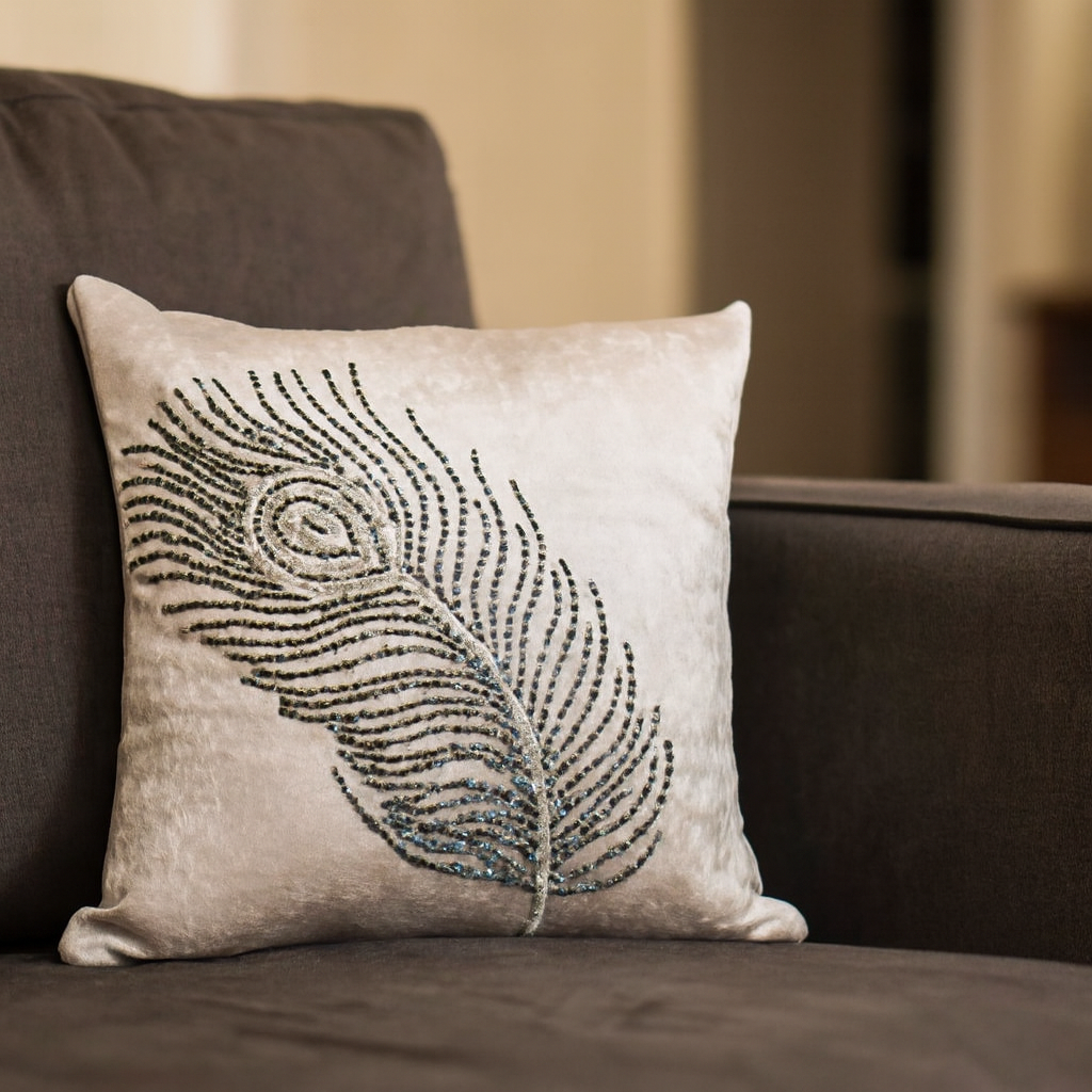 Embroidered Peacock Feather Velvet Cushion Cover – 16x16 (set of 5)