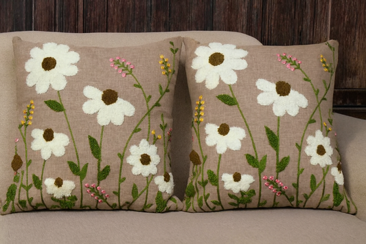Floral Embroidered Cushion Cover Set of 5 – 3D Daisy Bloom Design