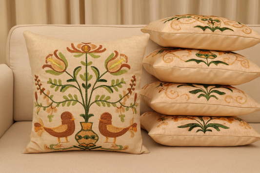 Bird & Floral Embroidered Cushion Cover Set of 5