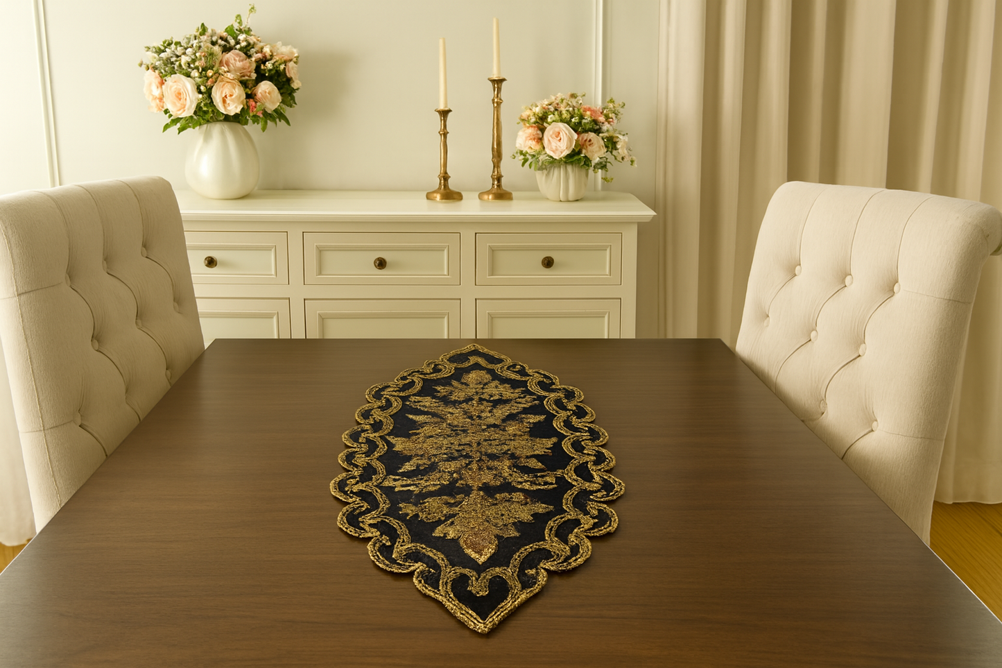 Gold Floral Hand-Beaded Table Runner – Luxury Dining Table Decor