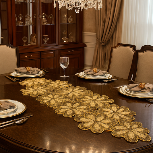 Gold Floral Hand-Beaded Table Runner – Luxury Dining Table Decor