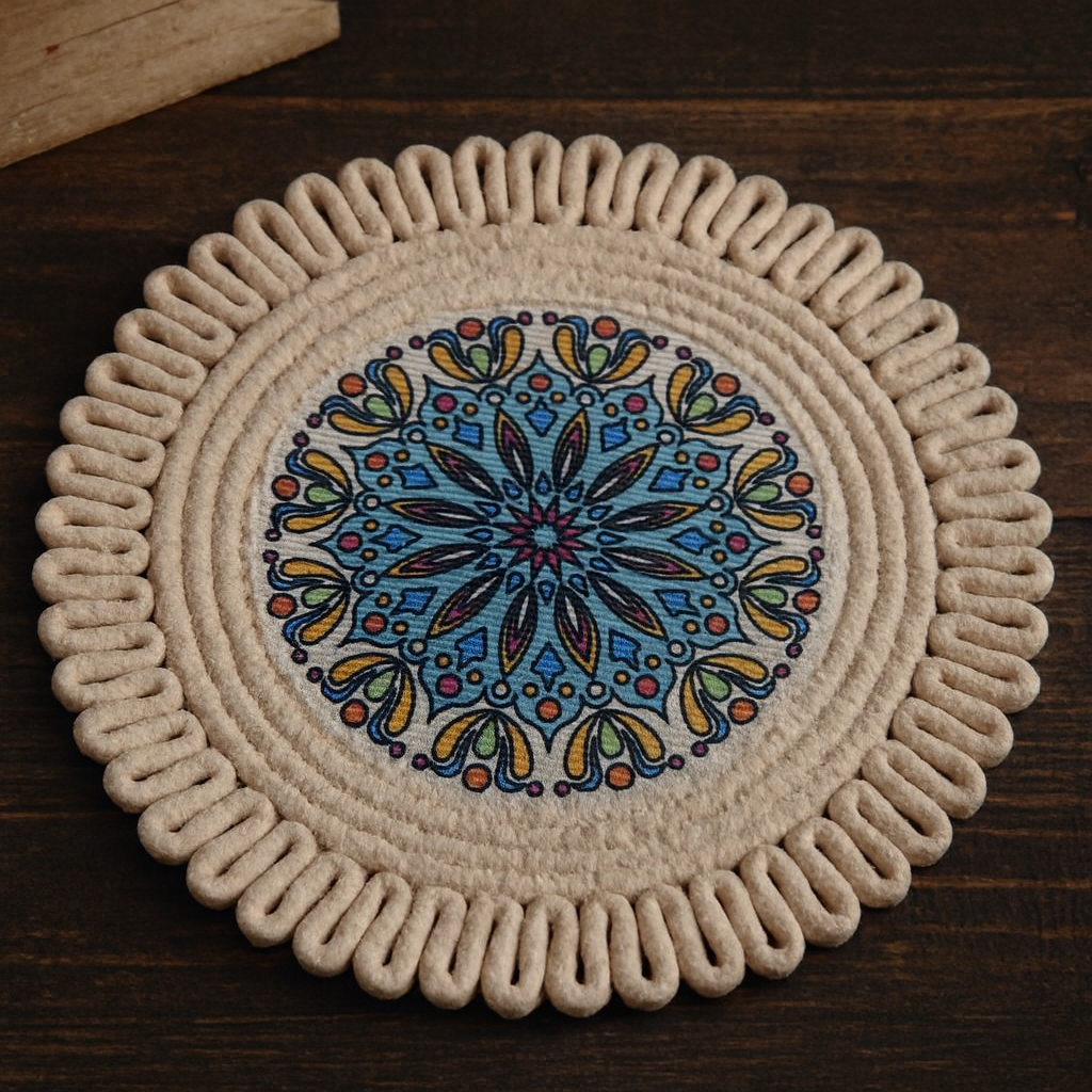 Designer Mandala Round Table Mats with Loop Border – Set of 2