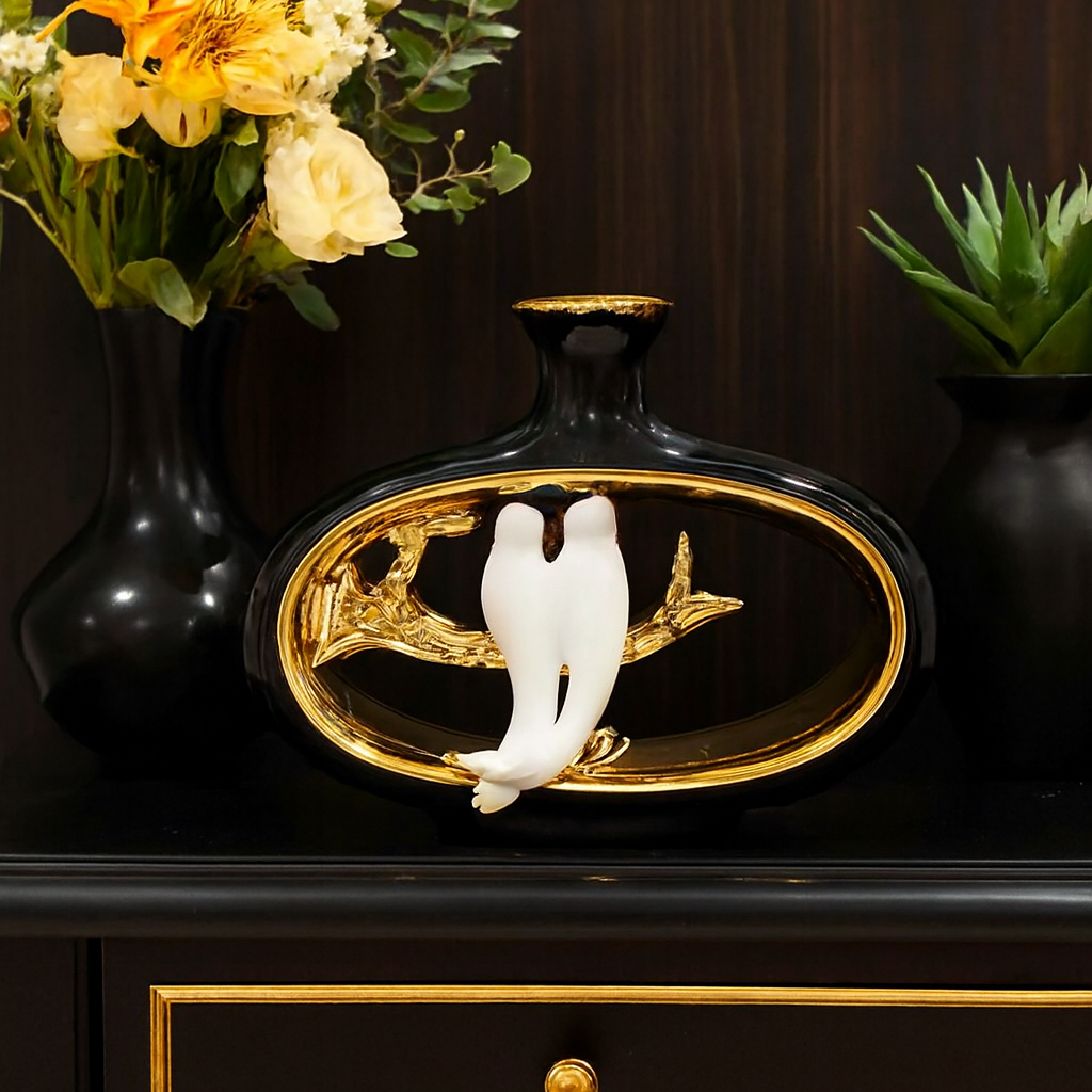 Golden Branch Love Birds Decorative Vase – Elegant Ceramic Decor