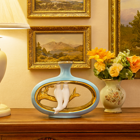 Golden Branch Love Birds Decorative Vase – Elegant Ceramic Decor