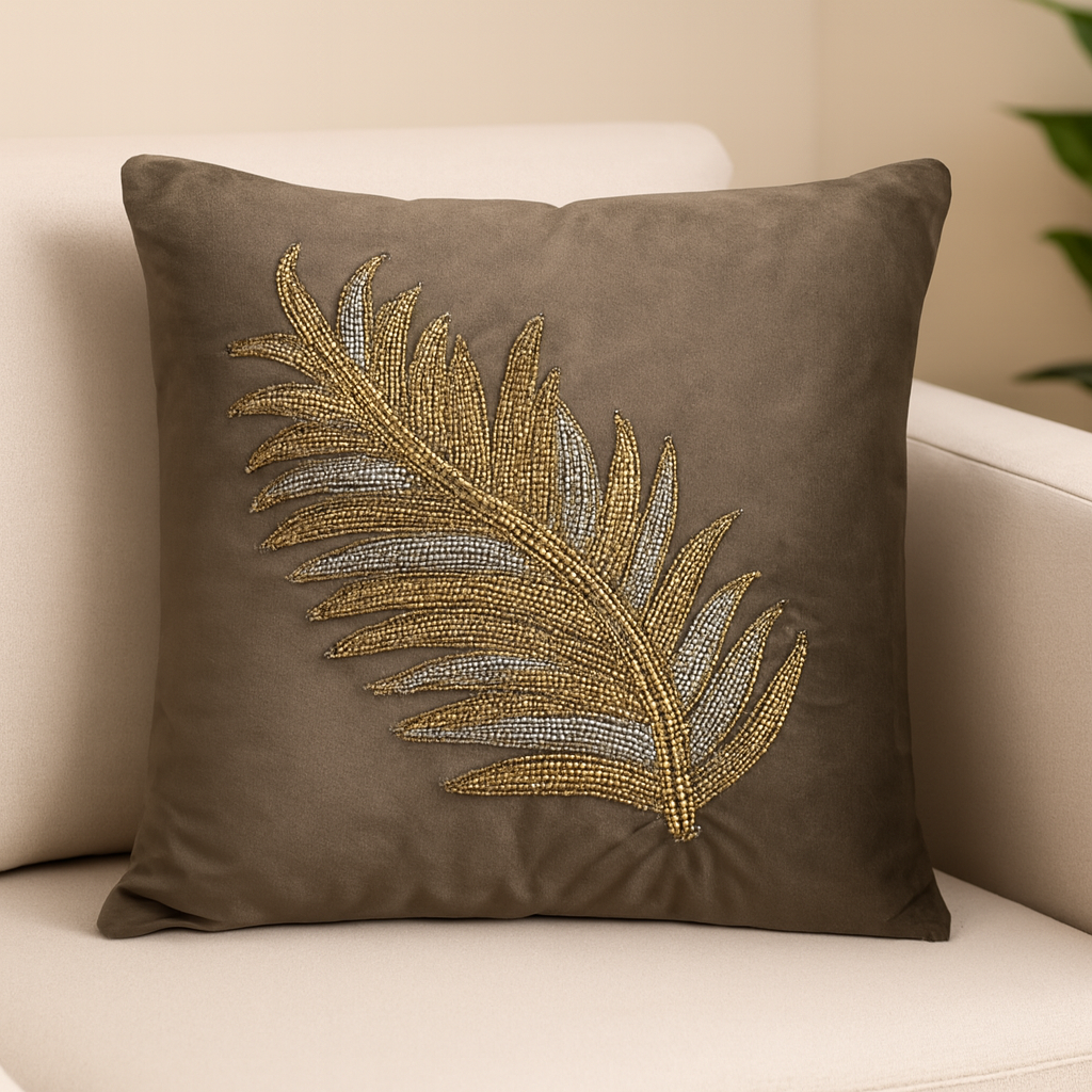 Luxury Beaded Leaf Cushion Cover – 1 Piece