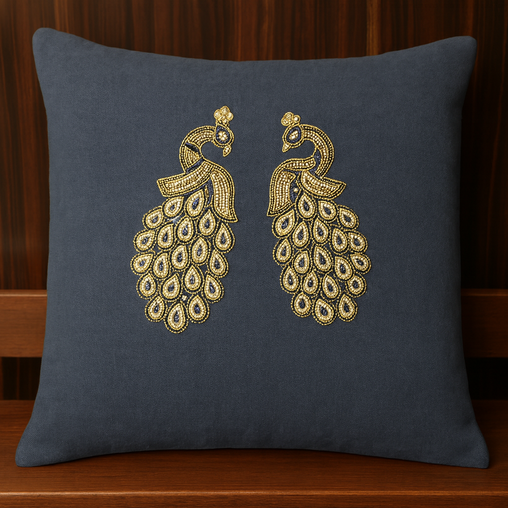 Royal Hand-Embroidered Twin Peacock Cushion Cover – Premium  (40×40 cm | 1 Pc)