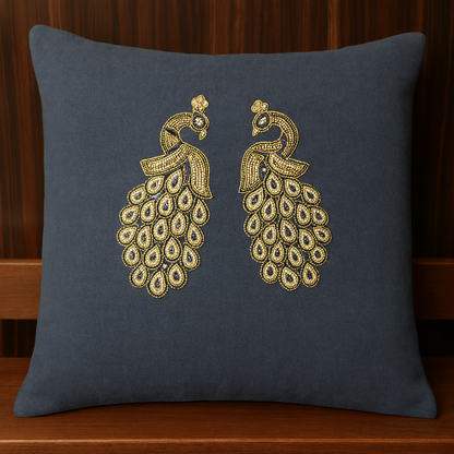 Royal Hand-Embroidered Twin Peacock Cushion Cover – Premium  (40×40 cm | 1 Pc)
