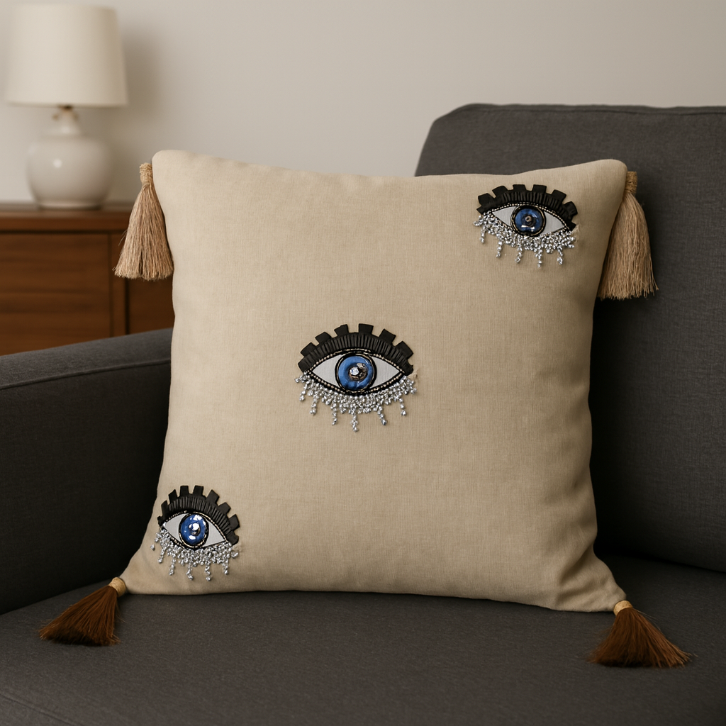 Luxury Evil Eye Embroidered Cushion Cover with Tassels (40×40 cm | 1 Pc)