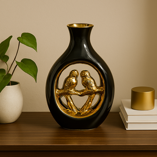 Elegant Black & Gold Vase with Lovebird Design