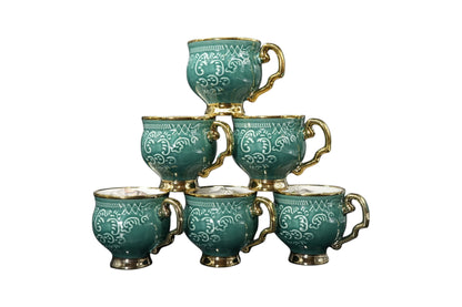 Royal White & Gold Embossed Ceramic Mug Set – 6 Pcs