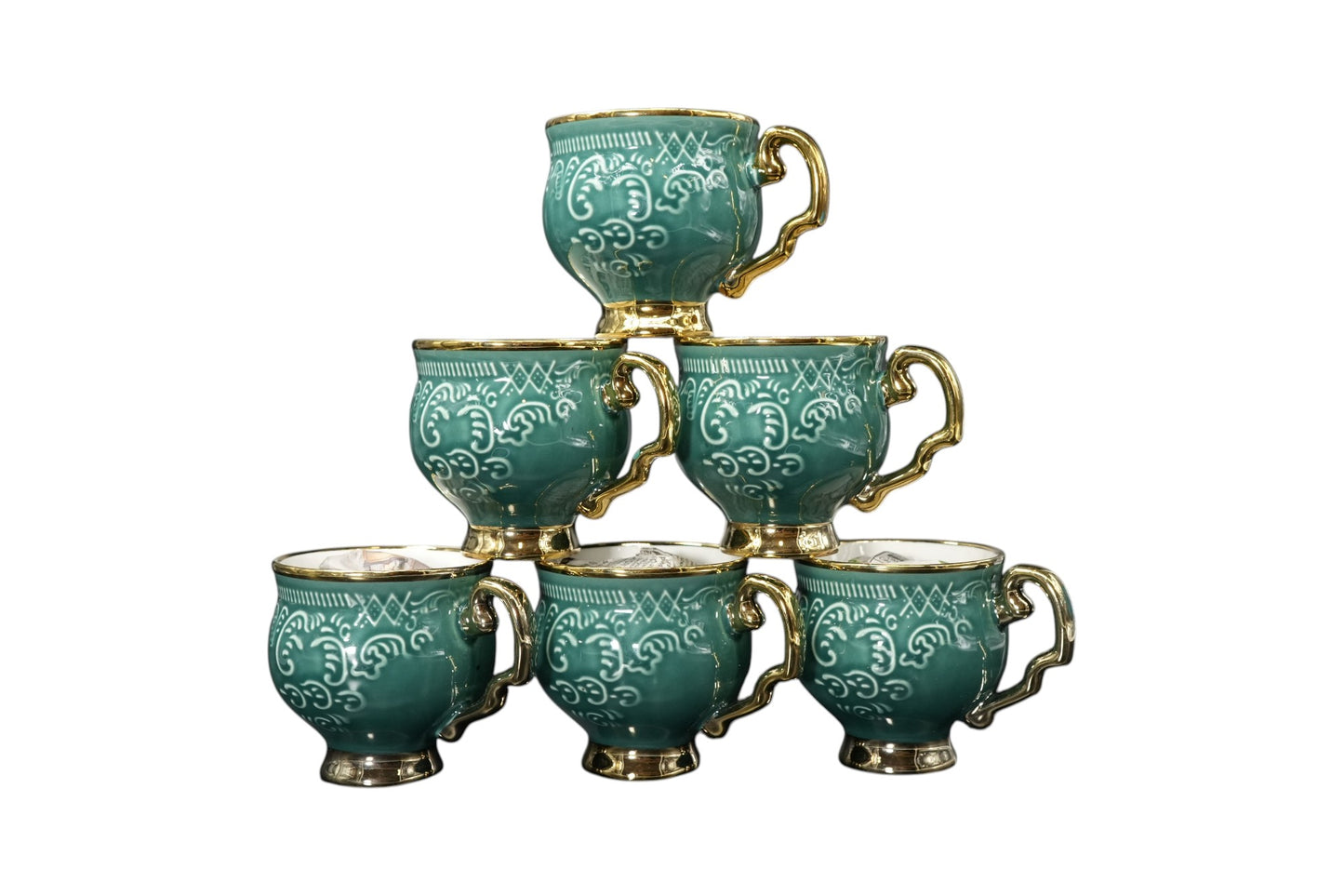 Royal White & Gold Embossed Ceramic Mug Set – 6 Pcs