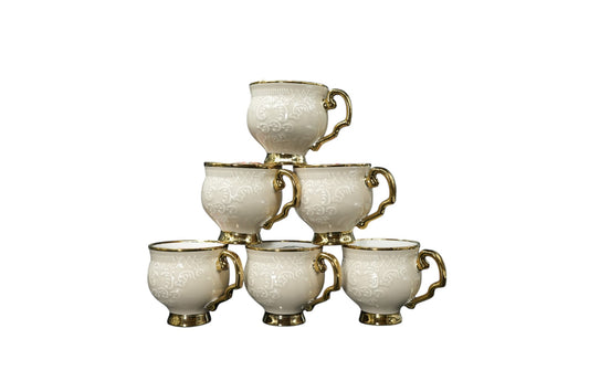 Royal White & Gold Embossed Ceramic Mug Set – 6 Pcs