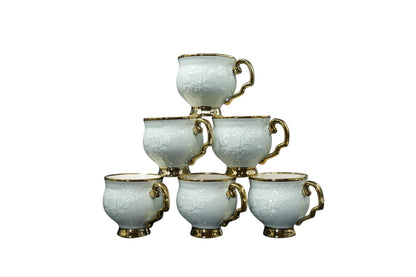 Royal White & Gold Embossed Ceramic Mug Set – 6 Pcs