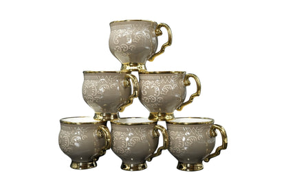 Royal White & Gold Embossed Ceramic Mug Set – 6 Pcs