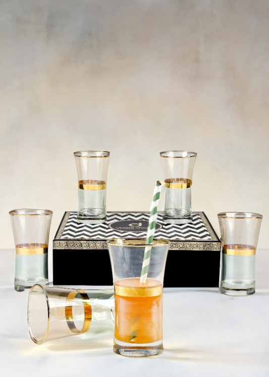 Six green-gold juice glasses with elegant finish