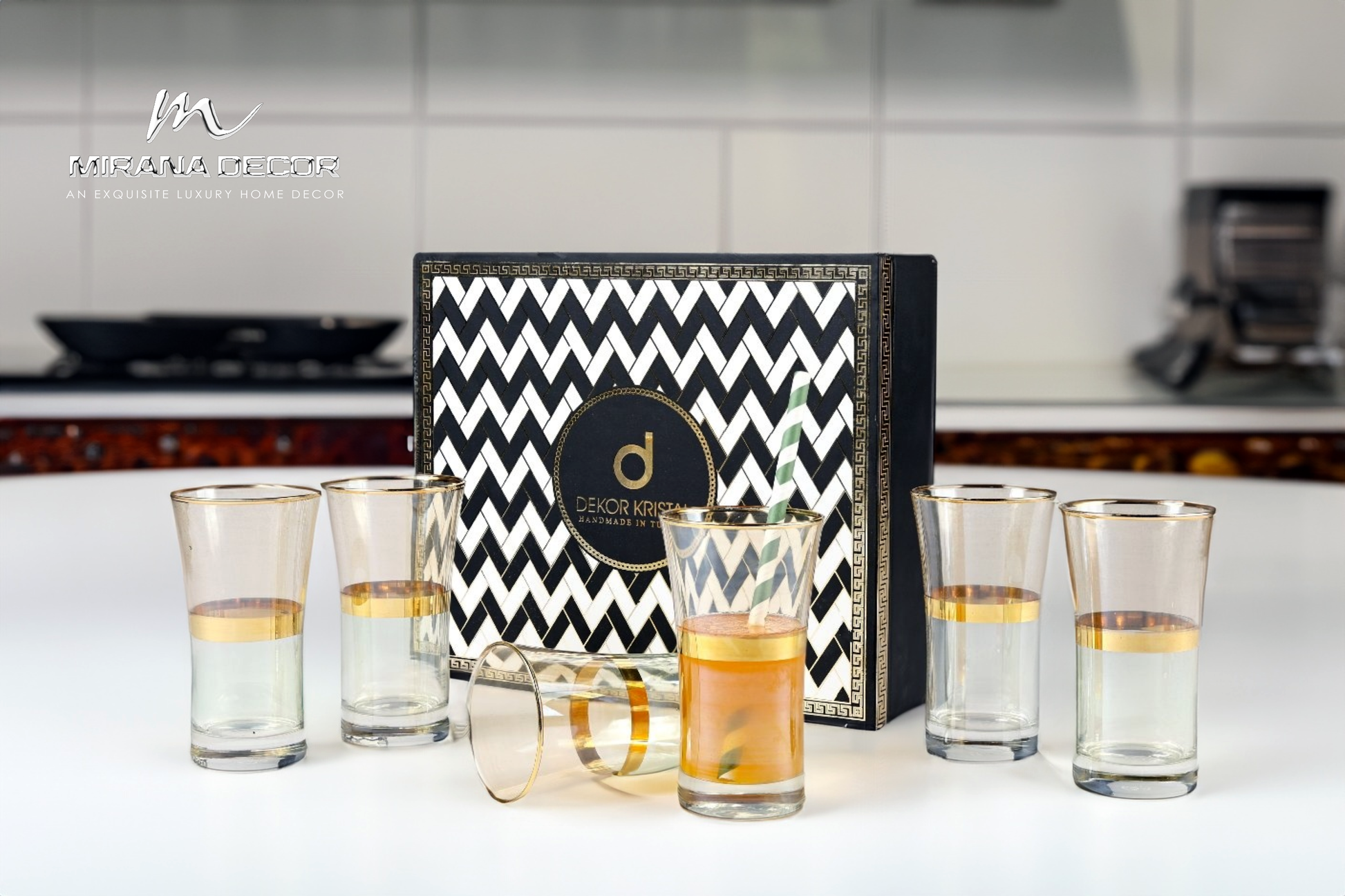Elegant green tumblers with gold rim, 300ml each