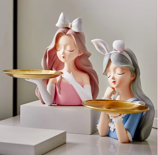Graceful girl statue holding a tray, perfect for decorative tabletop use

