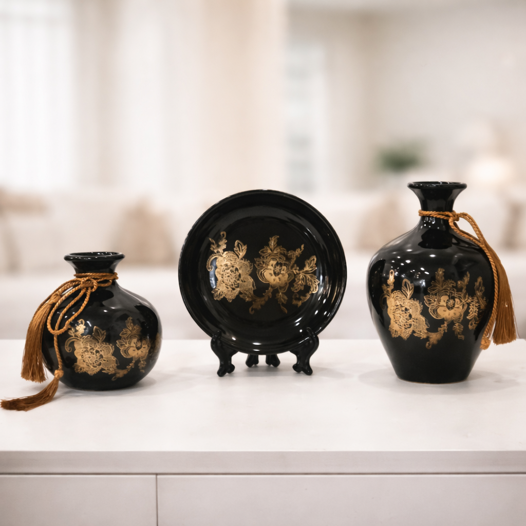 Luxury Ceramic Vase & Decorative Plate Set with Gold Floral Detailing