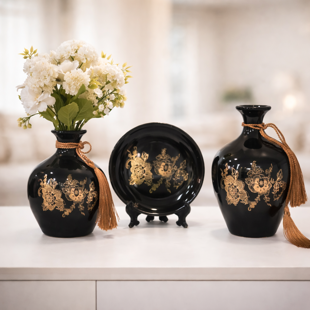 Luxury Ceramic Vase & Decorative Plate Set with Gold Floral Detailing