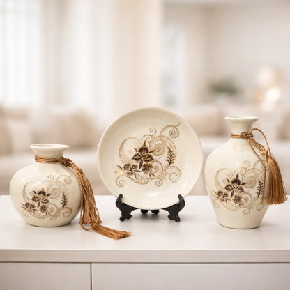 Luxury Ceramic Vase & Decorative Plate Set with Gold Floral Detailing