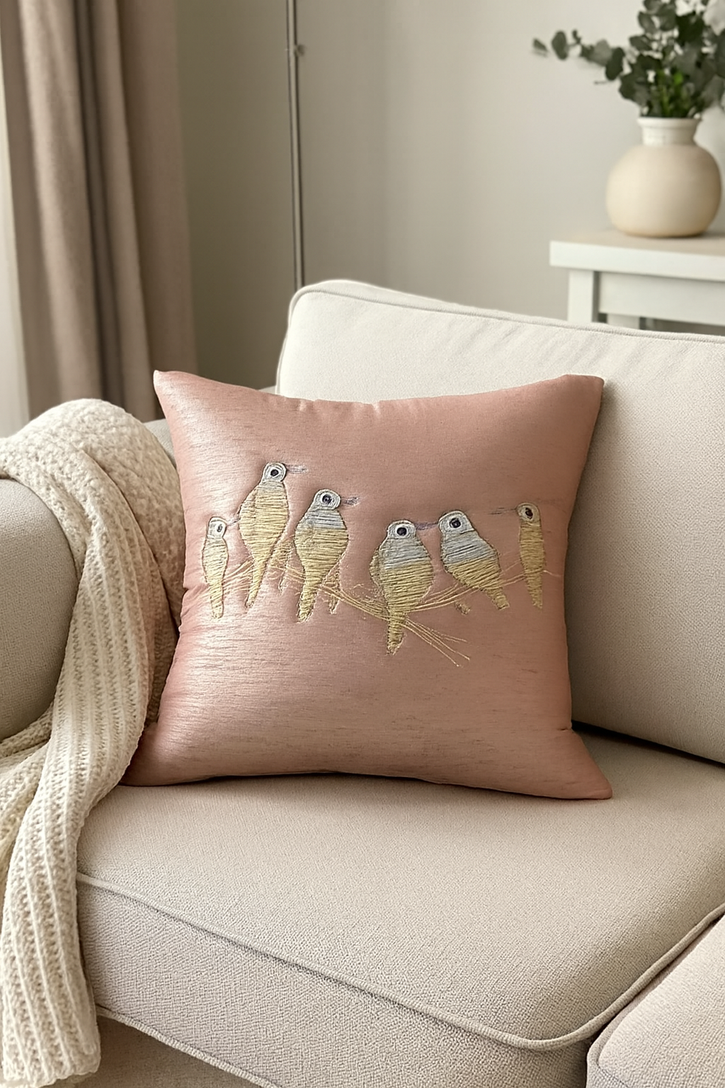 Embroidered Birds Cushion Cover Set