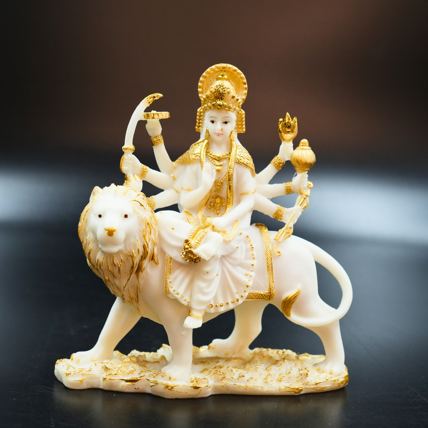 Goddess Durga Idol on Lion (White & Gold)