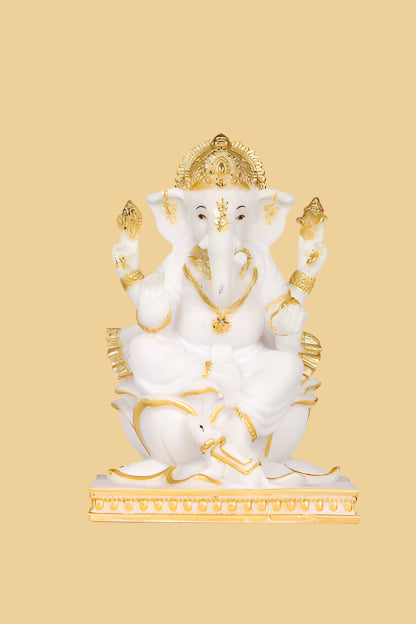 Ganesha Sitting Marble Statue on Golden Pedestal