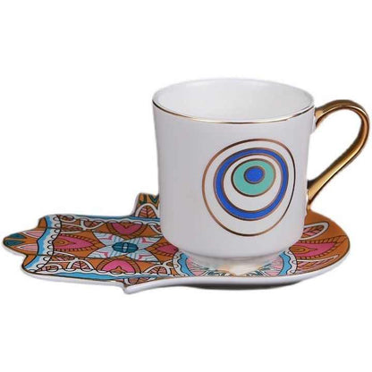Boho Chic Ceramic Coffee Cup with Mandala Hand Saucer