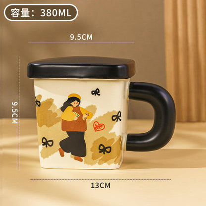 New Cute Ceramic square Couple Cup with Lid 380ml