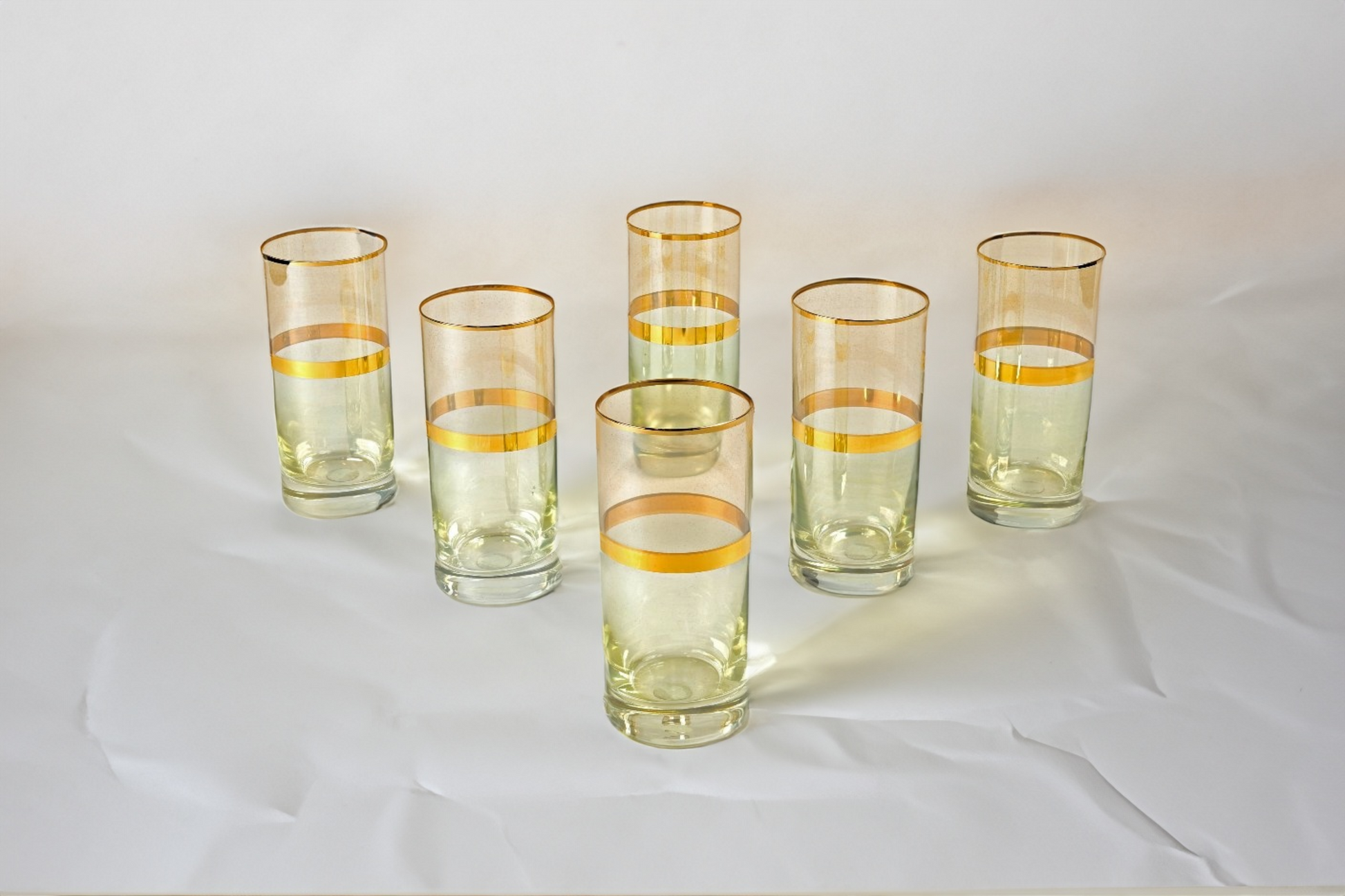 Set of six tall juice or water glasses with gold detail