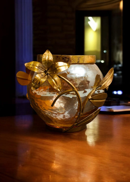 Golden Floral Glass Candle Holder