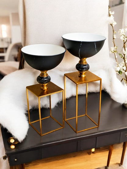 Black and Gold Elevated Candle Holder Set