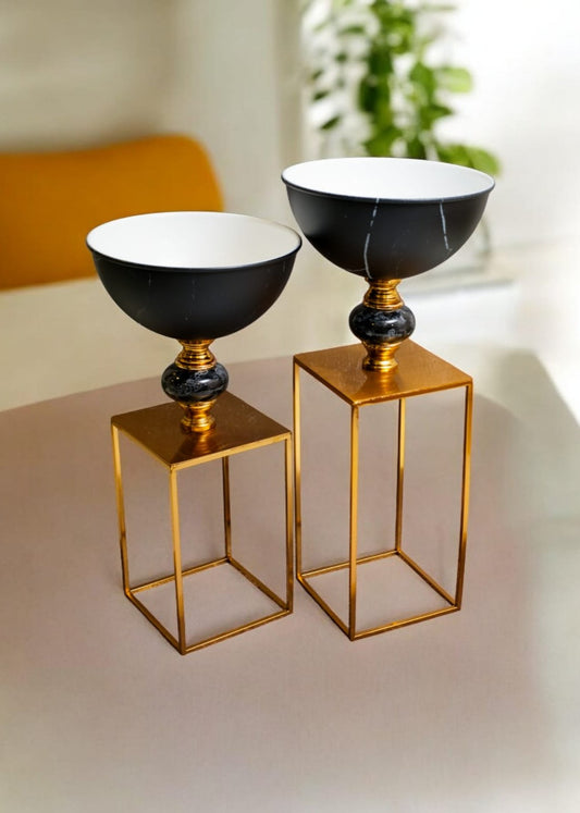 Black and Gold Elevated Candle Holder Set