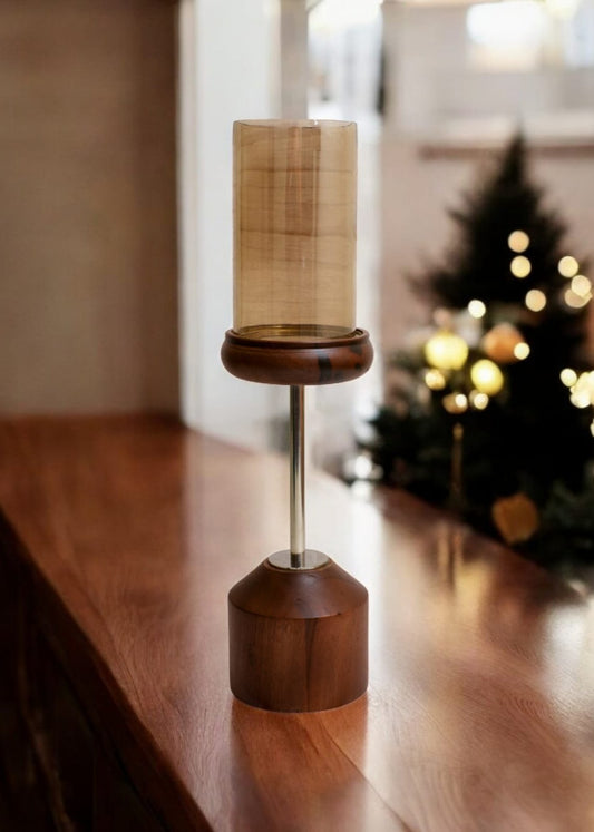 Wood and Glass Pedestal Candle Holder