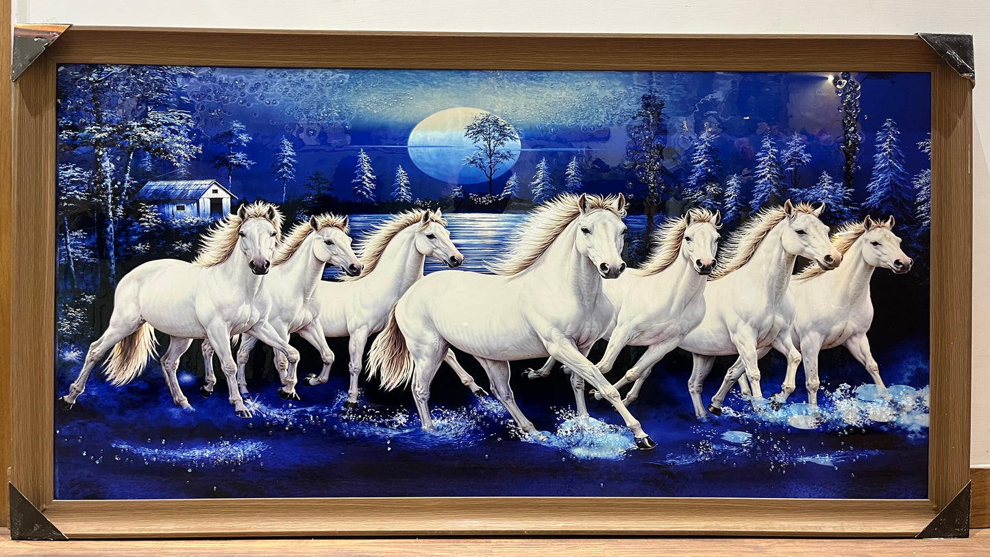 7 Horse Wall Art Painting with Crystal Work (24X48)