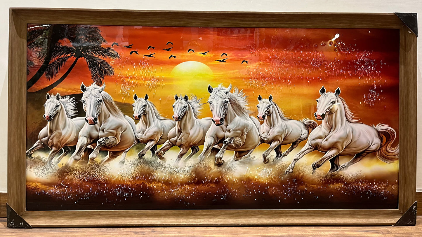 7 Horse Wall Art Painting with Crystal Work (24X48)