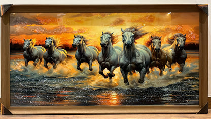 7 Horse Wall Art Painting with Crystal Work (24X48)