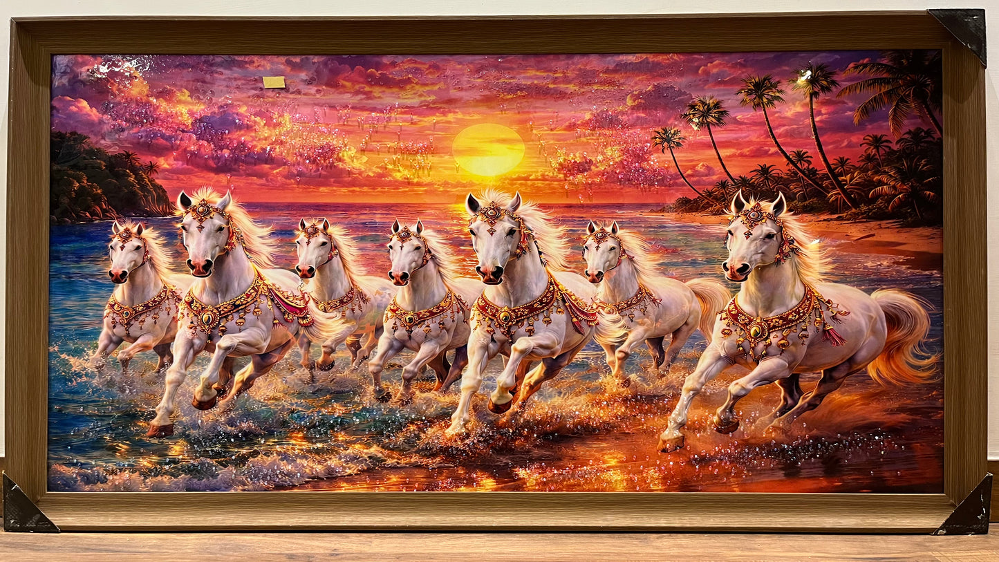 7 Horse Wall Art Painting with Crystal Work (24X48)