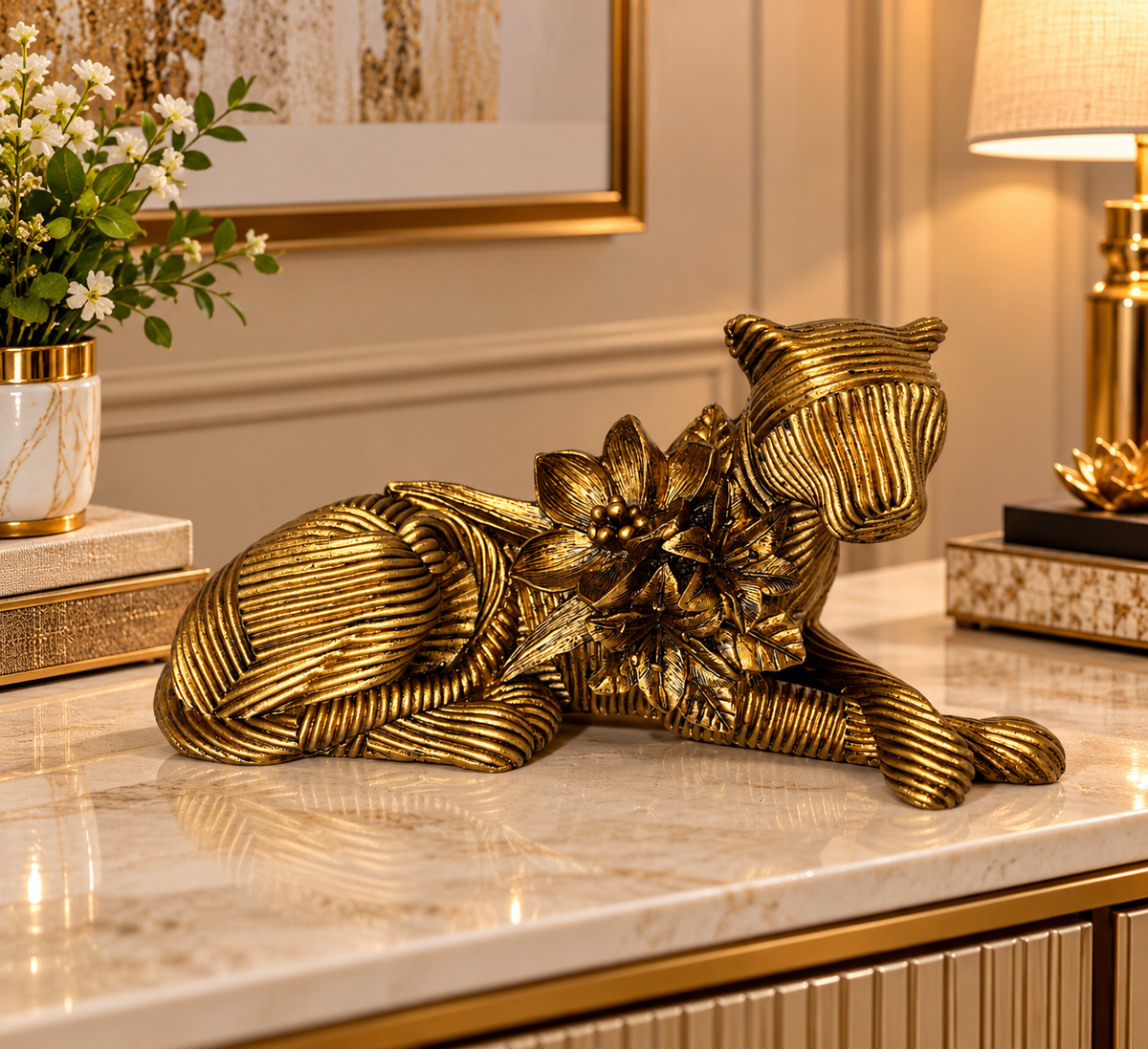 Decorative  Showpiece with Floral Design – Gold & Ivory Finish