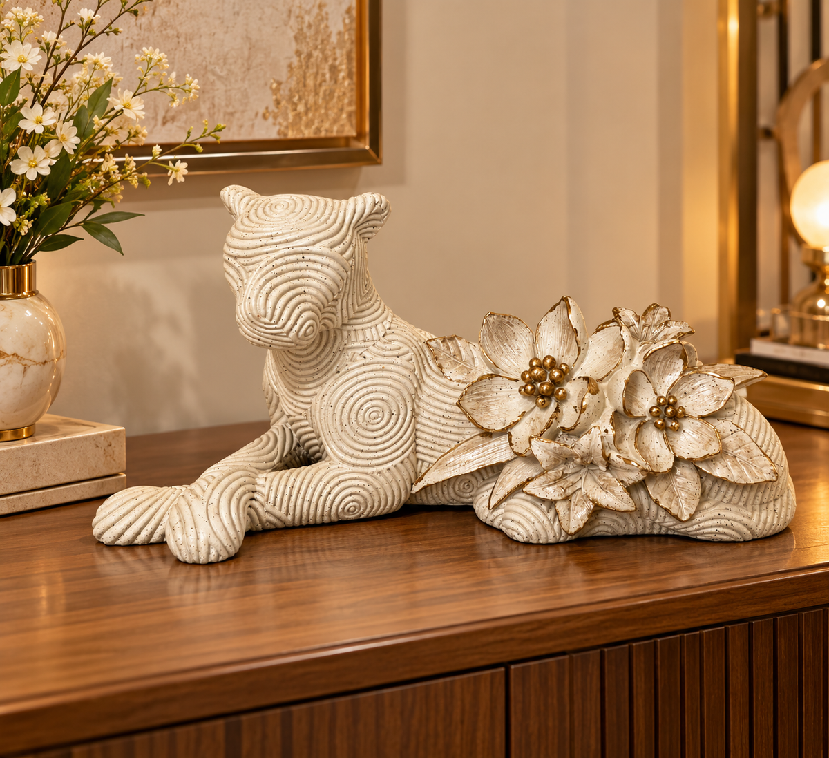 Decorative  Showpiece with Floral Design – Gold & Ivory Finish