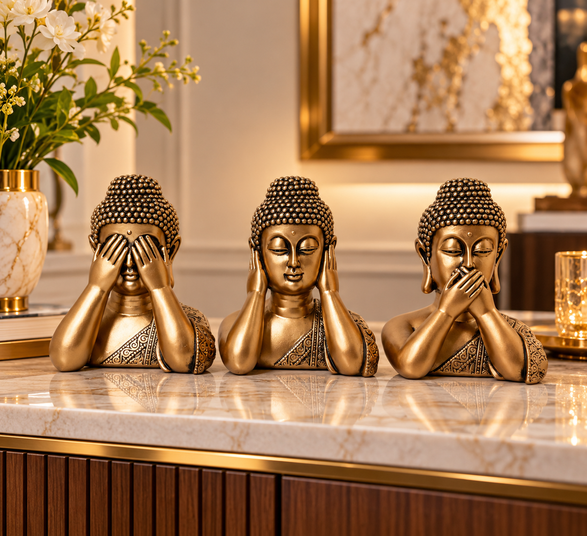 Golden Three Wise Buddha Showpiece Set – Luxury Home Decor | Mirana Decoor