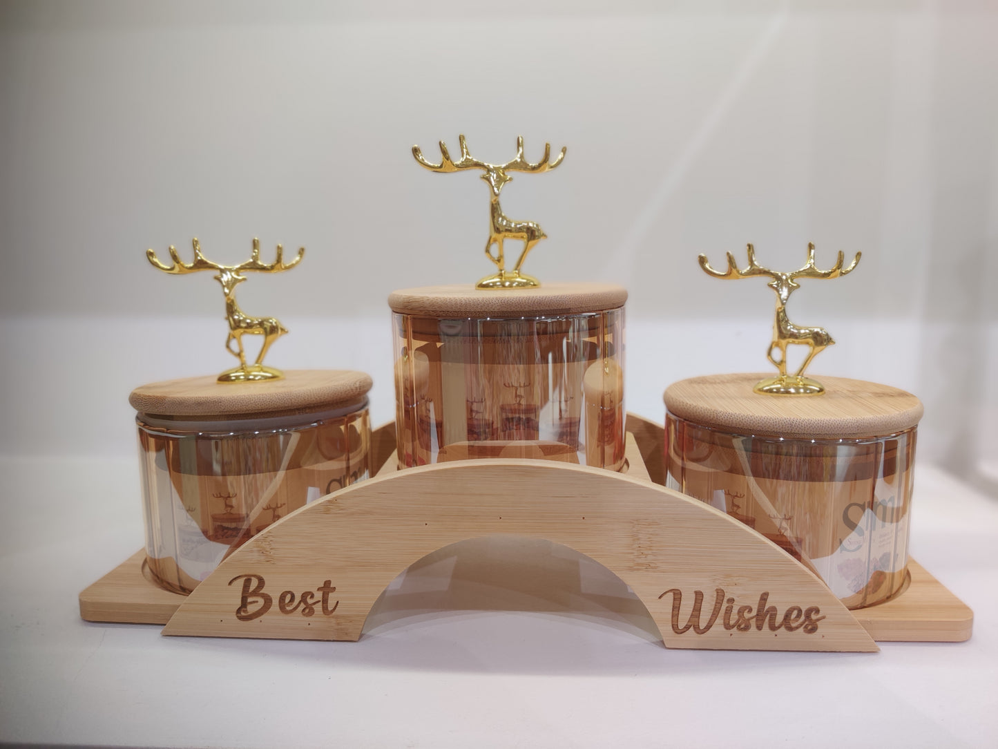 3-Piece Glass Candy Jar Set with Wooden Stand and Deer Lid