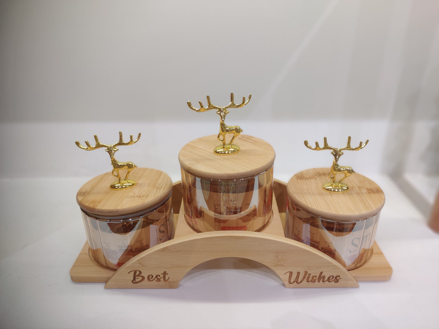 3-Piece Glass Candy Jar Set with Wooden Stand and Deer Lid