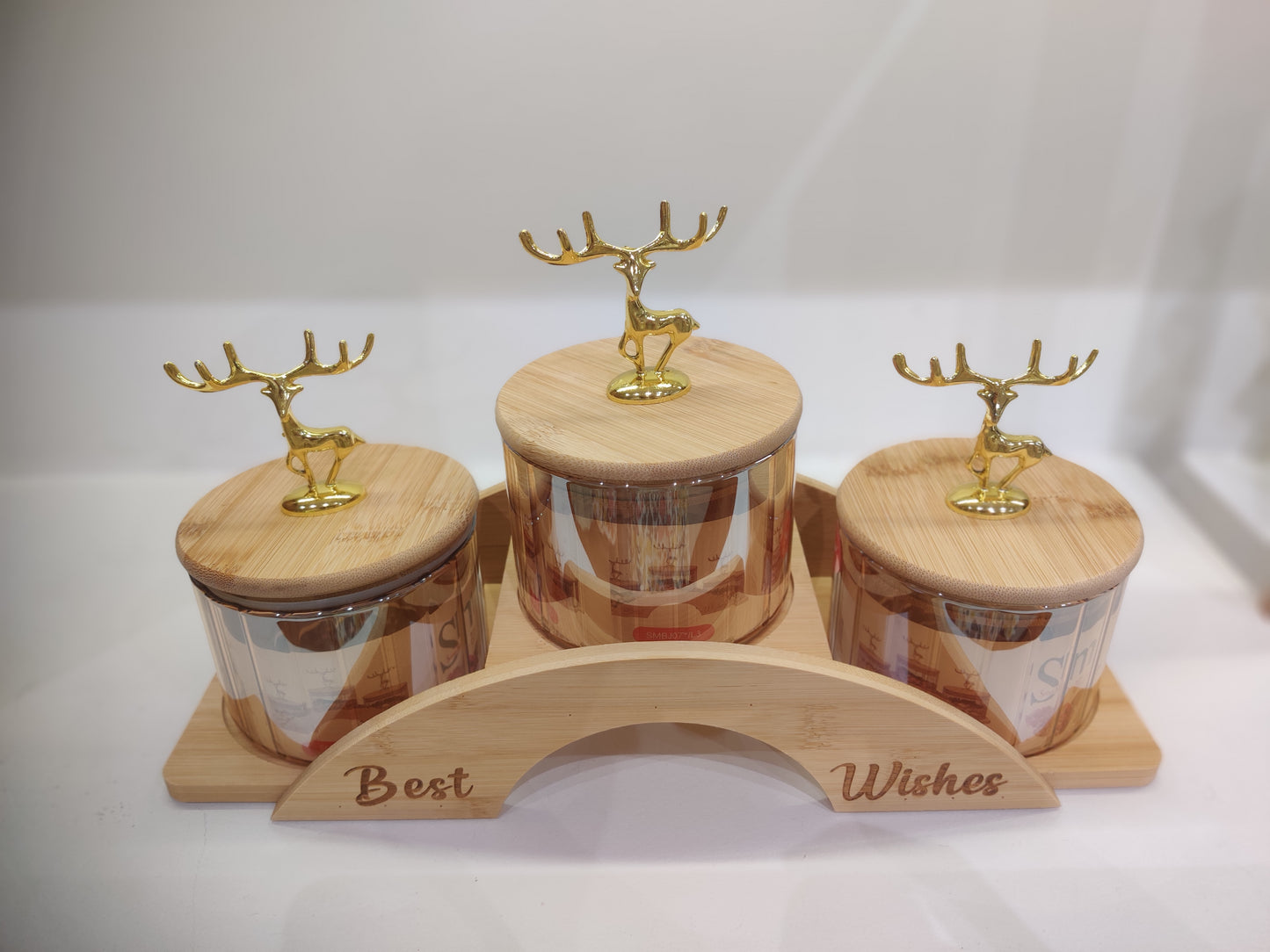 3-Piece Glass Candy Jar Set with Wooden Stand and Deer Lid