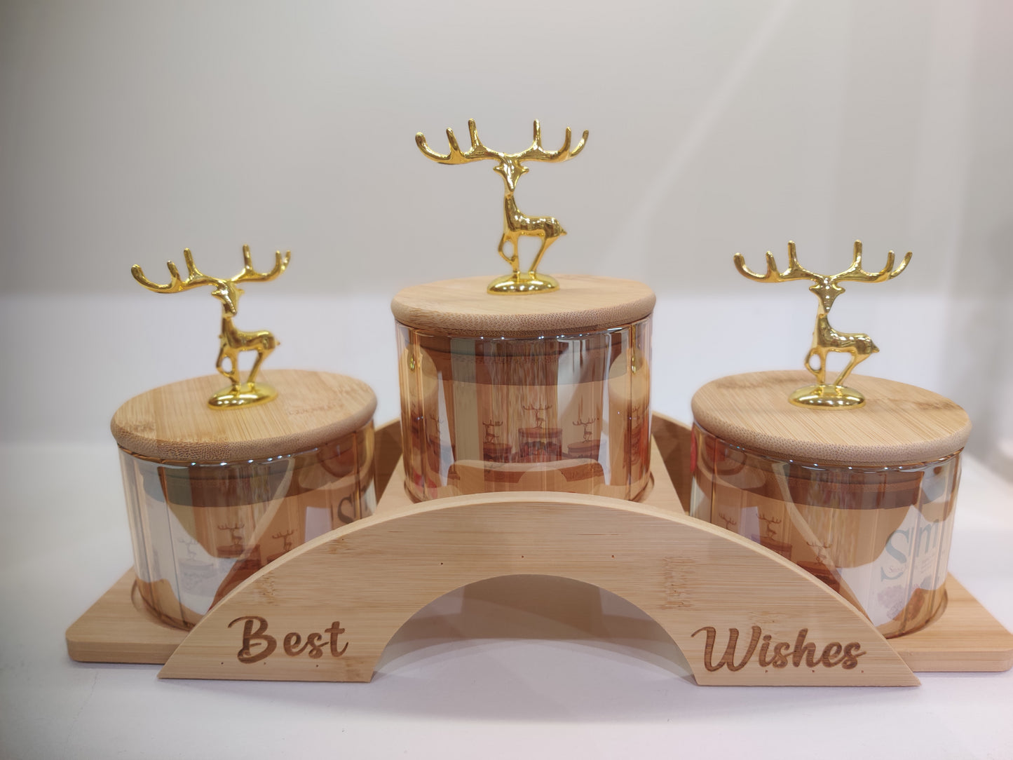 3-Piece Glass Candy Jar Set with Wooden Stand and Deer Lid