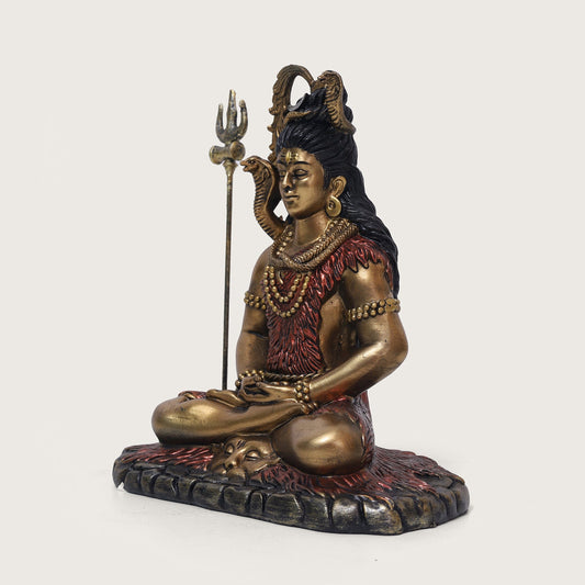 Shiva Samadhi Meditation statue with Trishul in Antique Finish golden red