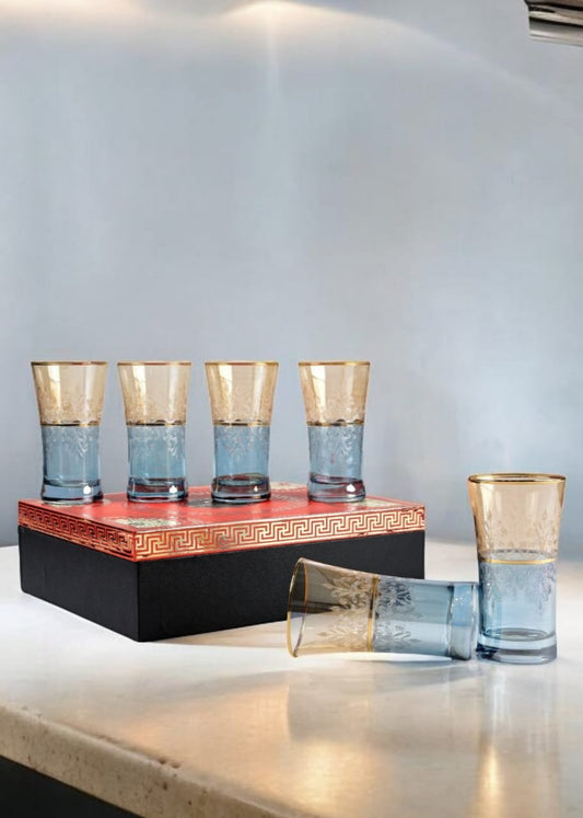 Six blue glasses with elegant gold detailing