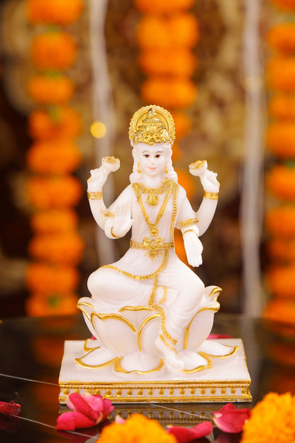 Laxmi Sitting Marble Statue on Lotus with Gold Tone