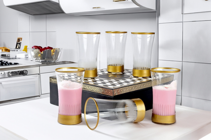 Six sunflower-themed glasses in gold-accented box